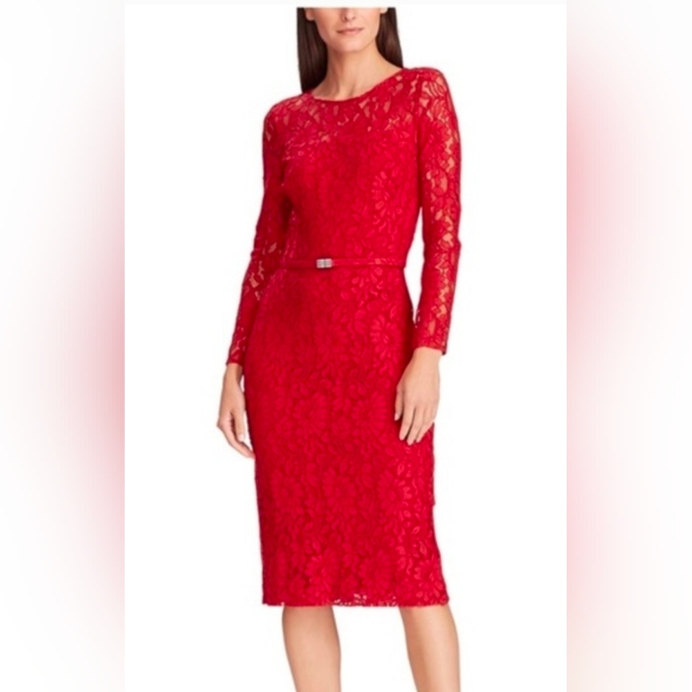 Ralph Lauren Red Floral Lace Belted Sheath Cocktail Dress